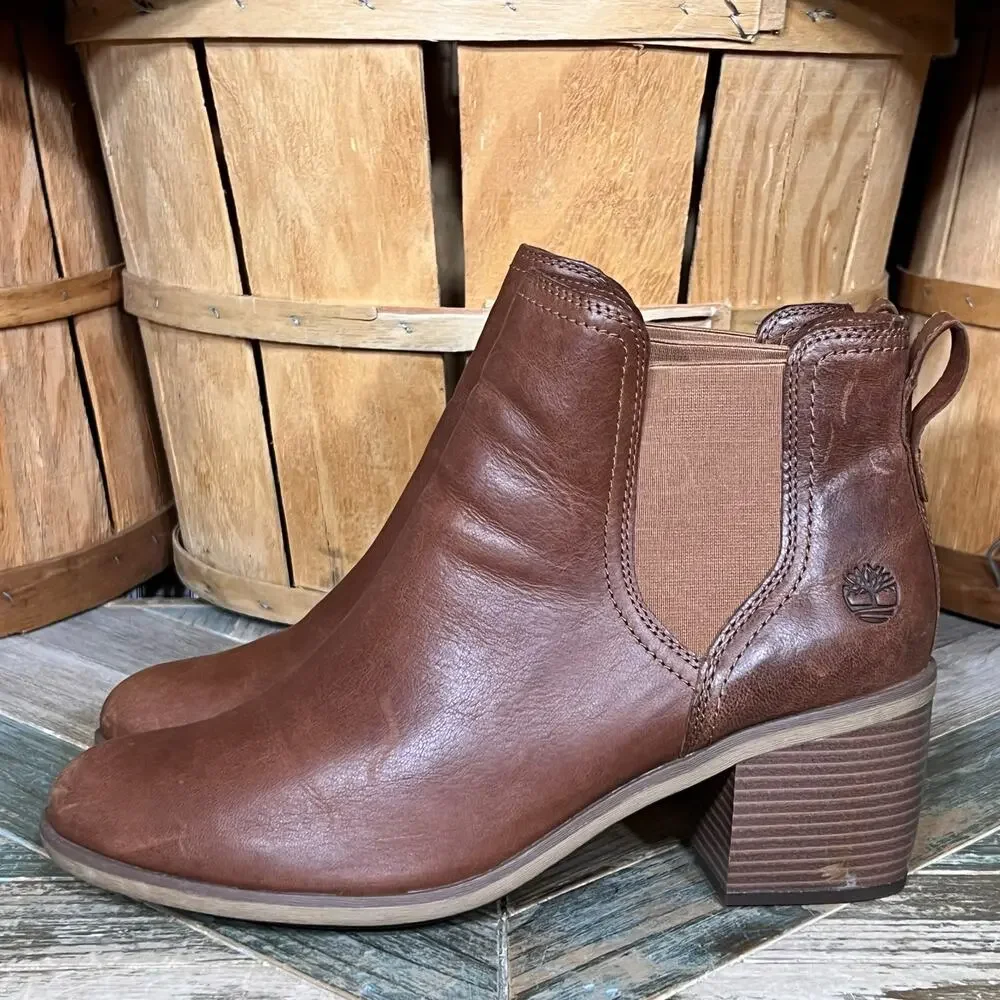 Timberland Brynlee Park Brown Leather Block Heel Pull On Ankle Boots Womens 11
